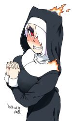 Rule 34 | 1girl, black dress, blush, breasts, burning, coif, commentary request, covered horns, cowboy shot, dated, demon girl, demon horns, dress, fire, habit, hair over one eye, helltaker, horns, large breasts, lip piercing, looking at viewer, nose piercing, nun, own hands together, piercing, red eyes, signature, smile, solo, sweatdrop, teeth, traditional nun, tsukudani (coke-buta), white background, white hair, zdrada (helltaker)