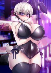Rule 34 | 1girl, animal ears, arms under breasts, bare shoulders, black leotard, black thighhighs, blue eyes, blush, breasts, bursting breasts, cameltoe, cleavage, collar, curvy, detached collar, dot nose, fake animal ears, female focus, grey hair, heart, heart-shaped pupils, highres, huge breasts, leotard, lewdweather, light, looking at viewer, night, open mouth, osiimi, panties, playboy bunny, rabbit ears, rabbit tail, shiny clothes, shiny skin, short hair, side-tie panties, sideboob, skin tight, skindentation, solo, solo focus, symbol-shaped pupils, tail, thick thighs, thighhighs, thighs, underwear, uzaki-chan wa asobitai!, uzaki hana, wide hips