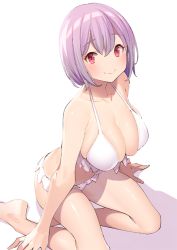Rule 34 | 10s, 1girl, bare shoulders, bikini, blush, breasts, cleavage, closed mouth, collarbone, gridman universe, hip focus, large breasts, legs, light purple hair, looking at viewer, popqn, red eyes, shinjou akane, short hair, simple background, smile, solo, ssss.gridman, swimsuit, thighs, white background, white bikini