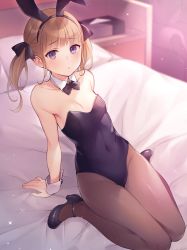 Rule 34 | 1girl, animal ears, arm support, black footwear, black leotard, black pantyhose, bow, bowtie, breasts, brown hair, detached collar, e (ejkfogksiu sjsial), fake animal ears, female focus, hair ornament, high heels, highres, leaning back, leotard, mary janes, original, pantyhose, playboy bunny, purple eyes, shoes, small breasts, solo, strapless, strapless leotard, twintails