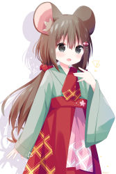 Rule 34 | 1girl, :d, absurdres, animal ear fluff, animal ears, blush, brown hair, commentary request, drop shadow, green kimono, grey eyes, hair between eyes, hair ornament, hair scrunchie, hakama, hakama skirt, hand up, highres, japanese clothes, kimono, long hair, long sleeves, low twintails, mouse ears, mouse girl, mouse tail, nakkar, open mouth, original, red hakama, red scrunchie, scrunchie, skirt, sleeves past wrists, smile, solo, standing, tail, twintails, very long hair, white background, wide sleeves