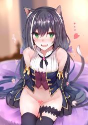 Rule 34 | 1girl, animal ear fluff, animal ears, bare shoulders, bed, black hair, black thighhighs, blush, cat ears, cat girl, cat tail, censored, detached sleeves, eyelashes, green eyes, hair ribbon, heart, heart censor, highres, indoors, karyl (princess connect!), long hair, low twintails, multicolored hair, muoto, open mouth, princess connect!, ribbon, sitting, sleeveless, solo, streaked hair, sweat, tail, thigh strap, thighhighs, twintails