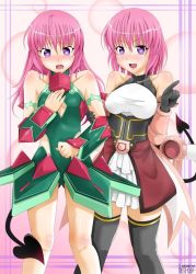 Rule 34 | 2girls, armor, artist request, bare legs, bare shoulders, blush, bow, breasts, cleavage, cleavage cutout, clothing cutout, cosmic break, cosplay, crossover, demon girl, embarrassed, fang, looking at viewer, melfi, melfi (cosplay), momo velia deviluke, multiple girls, nana asta deviluke, pink eyes, pink hair, pointing, pointing at viewer, siblings, sisters, skin tight, skirt, small breasts, tail, to love-ru, twins, winberrl, winberrl (cosplay)