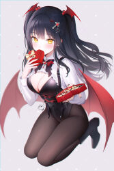 Rule 34 | 1girl, bat hair ornament, black hair, black nails, boots, box, box of chocolates, breasts, cleavage, cross hair ornament, earrings, hair ornament, heart, heart-shaped box, highres, jewelry, leotard, long hair, medium breasts, original, pantyhose, slit pupils, solo, takimii, twintails, vampire, wings, yellow eyes