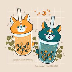 Rule 34 | animal-themed food, blush stickers, brown background, bubble tea, commentary, constellation, crescent, cup, disposable cup, dog, drinking straw, emily kim, english commentary, english text, food focus, grid background, instagram username, leaf, moon phases, no humans, original, simple background, sparkle, welsh corgi