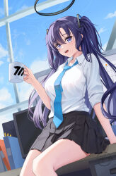 Rule 34 | 1girl, arm support, binder, black shirt, blue archive, blue necktie, blue sky, cloud, collared shirt, cup, day, desk, hair between eyes, hair ornament, halo, highres, holding, holding cup, long hair, long sleeves, looking at viewer, mechanical halo, monitor, necktie, on desk, pleated skirt, purple eyes, purple hair, shirt, signature, sitting, on desk, skirt, sky, skyrail, sleeves rolled up, solo, thighs, two side up, uniform, white shirt, window, yuuka (blue archive)