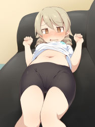 Rule 34 | 1girl, @ @, bad id, bad pixiv id, black shorts, blush, breasts, brown background, brown eyes, brown hair, clothes lift, couch, feet out of frame, gluteal fold, hair between eyes, hands up, idolmaster, idolmaster cinderella girls, long hair, lying, morikubo nono, navel, nose blush, on back, on couch, parted lips, ringlets, shirt, shirt lift, short shorts, shorts, small breasts, solo, sweat, thigh gap, uccow, wavy mouth, white shirt