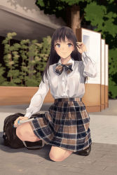 Rule 34 | 1girl, bag, black footwear, black hair, blue eyes, bow, brown bow, brown skirt, closed mouth, collared shirt, commentary request, day, dress shirt, highres, hiwatari rin, loafers, long hair, long sleeves, looking at viewer, original, outdoors, plaid, plaid bow, plaid skirt, shirt, shoes, skirt, smile, solo, tree, white shirt