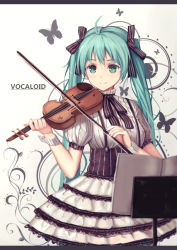 Rule 34 | 1girl, 7lark, bad id, bad pixiv id, bow, copyright name, green eyes, green hair, hair bow, hair ribbon, hatsune miku, holding, instrument, long hair, looking at viewer, matching hair/eyes, music, playing instrument, ribbon, smile, solo, twintails, violin, vocaloid