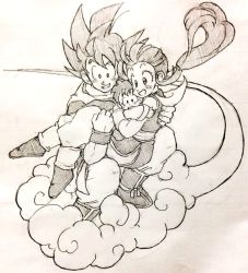 Rule 34 | 1girl, 2boys, baby, black eyes, black hair, boots, chi-chi (dragon ball), chinese clothes, dougi, dragon ball, dragonball z, family, father and son, flying, flying nimbus, happy, long hair, monochrome, mother and son, multiple boys, nervous, open mouth, ponytail, short hair, simple background, smile, son gohan, son goku, spiked hair, tkgsize, wristband