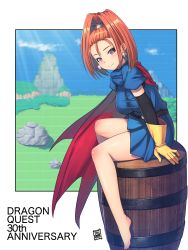 Rule 34 | 1girl, anniversary, barbara (dq6), bare legs, barefoot, barrel, blue dress, blue sky, breasts, cape, closed mouth, cloud, day, dragon quest, dragon quest vi, dress, earrings, feet, female focus, gloves, high ponytail, highres, jewelry, large breasts, light rays, looking at viewer, mahito, medium hair, orange hair, ponytail, purple eyes, red cape, short dress, sitting, sitting on object, sky, smile, solo, toes, wide ponytail, yellow gloves