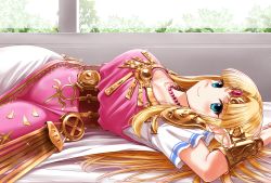 Rule 34 | 1girl, absurdres, arm up, armor, bead necklace, beads, bed, belt, blonde hair, blue eyes, blush, bracer, breasts, brown belt, circlet, cleavage, collarbone, commentary request, cowboy shot, dress, highres, indoors, jewelry, large breasts, long hair, looking at viewer, lying, necklace, nintendo, on back, pauldrons, pink dress, princess zelda, shoulder armor, sidelocks, smile, solo, sparkle, super smash bros., tabard, the legend of zelda, the legend of zelda: a link between worlds, watashitachino kareshi, white dress, window