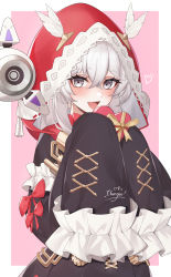 Rule 34 | 1girl, absurdres, accessories, alternate costume, blush, bow, candy, chocolate, chocolate heart, drone, fang, food, frilled sleeves, frills, grey eyes, hair between eyes, heart, highres, hood, hoodie, long hair, long hoodie, long sleeves, looking at viewer, no.21: xxi (red hoodie) (punishing: gray raven), no.21 (punishing: gray raven), official alternate costume, open mouth, punishing: gray raven, robot, shi ling yu, signature, simple background, smile, valentine, white hair