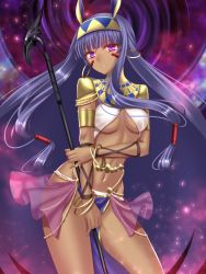 Rule 34 | &gt;:), 1girl, absurdly long hair, animal ears, armlet, big hair, blue hair, blunt bangs, bracelet, breasts, cowboy shot, dark-skinned female, dark skin, earrings, egyptian, egyptian clothes, fate/grand order, fate (series), groin, hair ornament, hair tubes, hairband, holding, holding staff, hoop earrings, jewelry, loincloth, long hair, looking at viewer, medium breasts, midriff, navel, nitocris (fate), panties, parted lips, purple eyes, purple hair, revealing clothes, see-through, showgirl skirt, sidelocks, smile, solo, staff, stomach, tattoo, underboob, underwear, v-shaped eyebrows, very long hair, weapon, yuzushiro (sei)