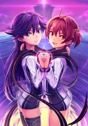Rule 34 | 2girls, ass, blush, heart, heart hands, heart hands duo, holding hands, isshiki akane, kuroki rei, long hair, looking at viewer, michairu, multiple girls, open mouth, purple eyes, purple hair, red eyes, red hair, scarf, shared clothes, shared scarf, short hair, symmetry, thighhighs, twintails, vividred operation, yuri