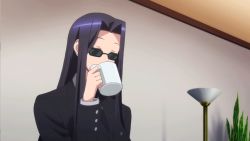 Rule 34 | 10s, 1girl, animated, animated gif, black hair, business suit, coffee, cup, formal, glasses, long hair, monster musume no iru nichijou, ms. smith, solo, standing, suit, sunglasses, tinted eyewear