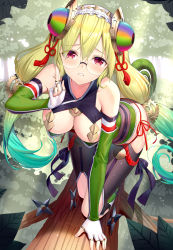 Rule 34 | 1girl, all fours, animistic, bare shoulders, black ribbon, black thighhighs, blonde hair, blush, breast cutout, breasts, chameleon tail, cleavage, commentary request, detached sleeves, embarrassed, fingerless gloves, glasses, gloves, green hair, green shirt, green sleeves, hair between eyes, hair ornament, hair ribbon, hand up, headdress, highres, knee cutout, large breasts, long hair, looking at viewer, mechanical parts, multicolored hair, multicolored sleeves, nature, outdoors, parted lips, purple sleeves, red eyes, red ribbon, ribbon, ririko (zhuoyandesailaer), shirt, shuriken, solo, tagme, tail, teeth, thighhighs, tree, twintails, two-tone hair, weapon, white gloves, white headdress