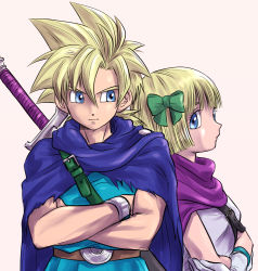 Rule 34 | 1boy, 1girl, aged up, blonde hair, blue cape, blue eyes, bow, bracelet, brother and sister, cape, commentary request, crossed arms, dragon quest, dragon quest v, gloves, green bow, hair bow, hero&#039;s daughter (dq5), hero&#039;s son (dq5), jewelry, looking at another, looking to the side, pekuchin (pekuchin 3), purple cape, shirt, short hair, siblings, spiked hair, sword, upper body, weapon, white gloves, white shirt