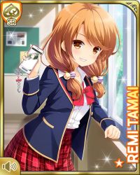 Rule 34 | 1girl, blazer, blue jacket, bow, bowtie, brown eyes, brown hair, card (medium), classroom, closed mouth, day, girlfriend (kari), holding, indoors, jacket, looking at viewer, low twintails, official art, open clothes, open jacket, plaid, plaid skirt, pleated skirt, qp:flapper, red bow, red skirt, school uniform, shirt, skirt, smile, socks, solo, standing, tagme, tamai remi, twintails, white shirt