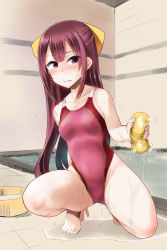 Rule 34 | 1girl, barefoot, basin, bathroom, bathtub, bow, brown eyes, collarbone, commentary request, competition swimsuit, hair bow, highres, indoors, kamikaze (kancolle), kantai collection, long hair, minase (takaoka nanase), one-piece swimsuit, purple eyes, purple hair, red one-piece swimsuit, solo, sponge, squatting, swimsuit, white one-piece swimsuit, yellow bow