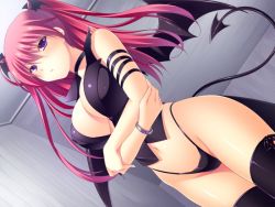 Rule 34 | 1girl, arm strap, bare shoulders, black panties, black thighhighs, black wings, blush, bracelet, breast hold, breasts, choker, crossed arms, curvy, demon girl, demon tail, demon wings, dutch angle, female focus, fingernails, firika mia shatana, game cg, grand cru bourgeois, hair between eyes, hair ornament, head wings, hip focus, indoors, jewelry, large breasts, long fingernails, long hair, looking at viewer, navel, nukidoki!, panties, purple eyes, red hair, shiny clothes, shiny skin, skindentation, solo, standing, tail, thighhighs, thong, twintails, underwear, wings