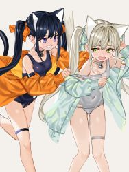 Rule 34 | 2girls, animal ears, bell, black one-piece swimsuit, blue eyes, blue hair, cat ears, cat tail, choker, collarbone, covered navel, dark blue hair, green eyes, hair ribbon, highres, jacket, light brown hair, long hair, luicent, multiple girls, neck bell, off shoulder, old school swimsuit, one-piece swimsuit, open mouth, original, ribbon, school swimsuit, swimsuit, tail, teeth, thigh strap, twintails, white choker, white one-piece swimsuit, white school swimsuit