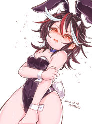 Rule 34 | 1girl, animal ears, artist name, bare shoulders, black hair, black leotard, blush, commentary request, cone horns, cowboy shot, dated, embarrassed, fake animal ears, fangs, flying sweatdrops, hamriku, hand on own arm, highres, horns, kijin seija, leotard, long hair, looking at viewer, multicolored hair, open mouth, playboy bunny, rabbit ears, rabbit tail, red eyes, red hair, simple background, skin fangs, solo, strapless, strapless leotard, streaked hair, tail, touhou, white background, white hair, wrist cuffs