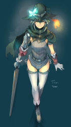 Rule 34 | 1girl, armor, belt, boots, bug, butterfly, cloak, full body, gloves, green eyes, hat, highres, holding, holding sword, holding weapon, insect, original, sigama, silver hair, simple background, sleeveless, solo, standing, sweater vest, sword, thighhighs, weapon, witch, witch hat, zettai ryouiki