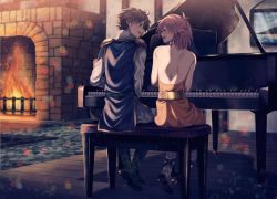 Rule 34 | 234 (1234!), back, bench, blush, boots, brown hair, bartz klauser, earrings, final fantasy, final fantasy v, fire, fireplace, instrument, jewelry, laughing, lenna charlotte tycoon, painting (action), piano, pink hair, short hair