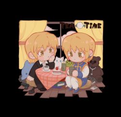 1boy androgynous black_background blonde_hair blue_tabard cake cake_slice cat chain chibi closed_mouth colored_eyelashes earrings food formal_clothes full_body green_eyes highres hunter_x_hunter ik18166181ik jewelry kurapika long_sleeves male_focus popped_collar short_hair simple_background sitting stuffed_toy suit tabard