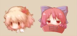 Rule 34 | 2girls, aki shizuha, arinu, blonde hair, blue bow, blush, bow, brown background, cape, commentary request, hair between eyes, hair bow, hair ornament, leaf hair ornament, multiple girls, portrait, red cape, red eyes, red hair, sekibanki, short hair, simple background, touhou