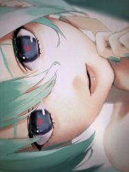 Rule 34 | 1girl, aqua hair, aqua nails, bad id, bad twitter id, bare shoulders, blue eyes, close-up, commentary, expressionless, hair between eyes, hand on own chin, hatsune miku, highres, index finger raised, lips, looking at viewer, nail polish, parted lips, portrait, red pupils, rsk (tbhono), sideways, solo, twintails, vocaloid