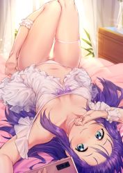 Rule 34 | 1girl, absurdres, aqua eyes, babydoll, bare legs, barefoot, bed sheet, blush, breasts, cellphone, choker, commentary request, cupboard, curtains, dress, frills, hair between eyes, highres, idolmaster, idolmaster million live!, knees up, leg up, long hair, looking at viewer, looking up, lying, mochizuki anna, navel, on back, on bed, panties, phone, purple hair, shennai misha, small breasts, smartphone, smile, solo, thigh strap, underwear, white choker, white dress, white panties, window, wrist cuffs