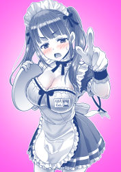 Rule 34 | 1girl, absurdres, apron, blush, breasts, cleavage, commentary request, dress, embarrassed, eyelashes, genderswap, genderswap (mtf), hair ornament, hair ribbon, highres, kaneko naoya, large breasts, maid, maid apron, maid headdress, original, pink background, ribbon, solo, standing, tray, wrist cuffs