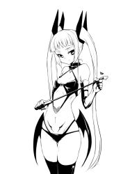 Rule 34 | 1girl, bat wings, black thighhighs, blazblue, blunt bangs, bra, breasts, dominatrix, elbow gloves, gloves, greyscale, kaname nagi, long hair, looking at viewer, low wings, monochrome, navel, panties, pubic tattoo, rachel alucard, ribbon, riding crop, slit pupils, small breasts, smile, smirk, solo, tattoo, thighhighs, twintails, underwear, underwear only, vampire, very long hair, whip, wings