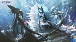 Rule 34 | 2girls, artist request, blue hair, bug, butterfly, coral reef, fins, fish, fish tail, highres, holding, holding weapon, horns, insect, jellyfish, lamia (punishing: gray raven), looking at viewer, mermaid, monster girl, multiple girls, ocean, official art, pink eyes, punishing: gray raven, ringed eyes, seashell, shell, tail, underwater, weapon