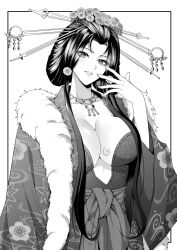 Rule 34 | 1girl, absurdres, black872233196, breast tattoo, breasts, cleavage, collarbone, commentary request, fingernails, floral print, fur trim, greyscale, hair ornament, hair stick, hand up, highres, japanese clothes, jewelry, large breasts, lips, looking at viewer, monochrome, musou orochi, musou orochi 3, necklace, parted lips, smile, solo, tamamo no mae (musou orochi 3), tattoo, white background, wide sleeves