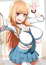 Rule 34 | 1girl, blonde hair, blue necktie, bracelet, breasts, choker, cleavage, commentary request, foreshortening, highres, jewelry, kitagawa marin, large breasts, long hair, long sleeves, looking at viewer, mattari yufi, medium breasts, navel, necktie, open mouth, plaid, plaid skirt, pleated skirt, red eyes, school uniform, selfie, shirt, skirt, smile, solo, sono bisque doll wa koi wo suru, tied shirt, upper body, waving, white shirt