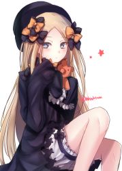 Rule 34 | 1girl, abigail williams (fate), bare legs, black bow, black dress, blonde hair, bloomers, blue eyes, blush, bow, closed mouth, dress, fate/grand order, fate (series), feet out of frame, gothic lolita, hair bow, hands in opposite sleeves, hat, highres, lolita fashion, long hair, long sleeves, looking at viewer, multiple hair bows, orange bow, puffy shorts, shorts, simple background, sitting, solo, star (symbol), stuffed animal, stuffed toy, tanaji, teddy bear, too many bows, underwear, very long hair, white background, white bloomers