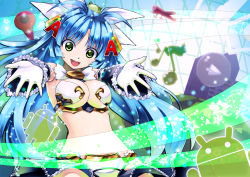 Rule 34 | 1girl, android (os), armor, bikini armor, blue hair, fourteen, gloves, green eyes, os-tan, revision, solo, twintails, white gloves