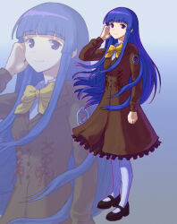 Rule 34 | 1girl, absurdres, aged up, black footwear, blue hair, blunt bangs, bow, bowtie, brown dress, buttons, closed mouth, dress, emblem, eyelashes, full body, furude rika, gradient background, hand up, heart, highres, higurashi no naku koro ni, long hair, long sleeves, looking at viewer, mary janes, outline, pantyhose, pink outline, purple eyes, purple pupils, red ribbon, ribbon, shoes, sidelocks, smile, solo, standing, very long hair, white pantyhose, yellow bow, yellow bowtie, zawabug, zoom layer