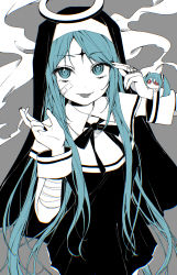 Rule 34 | 2girls, aimaina, aqua eyes, aqua hair, bandaged arm, bandages, bandaid, bandaid on face, black veil, bow, bowtie, cigarette, closed mouth, collared dress, drawing kanon, dress, grey background, habit, halo, hands up, hatsune miku, highres, holding, holding cigarette, kamippoina (vocaloid), long hair, looking at viewer, multiple girls, piercing, short sleeves, smoke, tongue, tongue out, tongue piercing, upper body, veil, vocaloid, wrist cuffs