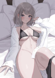 Rule 34 | 1girl, bad anatomy, bad id, bad pixiv id, bare legs, bed, black bra, black panties, blush, bra, breasts, brown hair, cleavage, closed mouth, collarbone, collared shirt, commentary, convenient censoring, cowboy shot, day, dress shirt, eyelashes, highres, indoors, lips, looking at viewer, lying, medium breasts, navel, on back, on bed, open clothes, open shirt, original, panties, panties around leg, panty pull, pillow, purple eyes, shade, shirt, short hair, sleeves past wrists, smile, solo, stomach, sunlight, sutochan, thighs, unbuttoned, underwear, white shirt