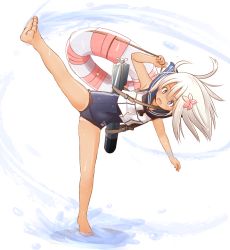 Rule 34 | 1girl, barefoot, blue eyes, covered navel, crop top, flower, fujisaki yuu, full body, hair flower, hair ornament, high kick, kantai collection, kicking, leg up, lifebuoy, long hair, one-piece swimsuit, one-piece tan, open mouth, ro-500 (kancolle), school swimsuit, solo, standing, standing on one leg, swim ring, swimsuit, swimsuit under clothes, tan, tanline, torpedo, white background, white hair