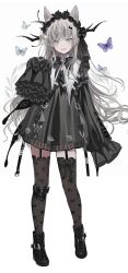 Rule 34 | 1girl, :d, animal ears, black dress, black footwear, black thighhighs, boots, bug, butterfly, cat ears, cat girl, chiemo (xcem), cross-laced clothes, cross-laced sleeves, dress, fang, flower, frilled sleeves, frills, full body, garter straps, gothic lolita, grey eyes, grey hair, hair flower, hair ornament, hairband, highres, insect, lolita fashion, lolita hairband, long hair, long sleeves, looking at viewer, open mouth, original, simple background, skin fang, sleeves past fingers, sleeves past wrists, smile, standing, thighhighs, very long hair, white background