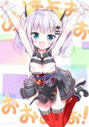 Rule 34 | 1girl, animal ears, armpits, arms up, black dress, black footwear, blue eyes, blush, boots, breasts, cat ears, cleavage, cleavage cutout, clothing cutout, commentary request, dress, jumping, kaguya luna, legs up, long hair, looking at viewer, medium breasts, open mouth, red thighhighs, ribbon, short dress, silver hair, sleeveless, sleeveless dress, smile, solo, takahashi tetsuya, the moon studio, thighhighs, twintails, virtual youtuber, wind, wind lift, wrist ribbon, zettai ryouiki