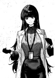 Rule 34 | 1girl, absurdres, black hair, breasts, coat, collared shirt, commentary request, cowboy shot, earpiece, female professor (neural cloud), girls&#039; frontline neural cloud, gloves, greyscale, highres, id card, lab coat, lanyard, long hair, looking at viewer, meimushi, monochrome, open clothes, open coat, parted lips, pencil skirt, professor (neural cloud), shirt, simple background, skirt, smile, solo, teeth, white background