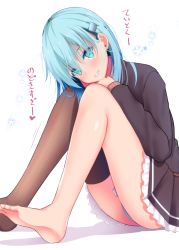 Rule 34 | 1girl, aqua eyes, aqua hair, barefoot, blush, brown shirt, brown skirt, grin, hair ornament, hairclip, highres, kantai collection, long hair, long sleeves, looking at viewer, panties, pleated skirt, remodel, shirt, simple background, single thighhigh, sitting, skirt, smile, solo, suzuya (kancolle), takeyuu, thighhighs, translation request, underwear, white background, white panties