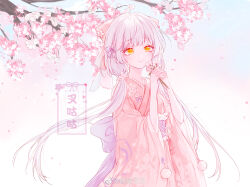 1girl back_bow blue_sky bow braid branch ccha cherry_blossoms chinese_commentary closed_mouth commentary_request cowboy_shot eyelashes falling_petals flower food frilled_sash gradient_sky hair_bow hair_flower hair_ornament hair_over_shoulder highres holding holding_food japanese_clothes kimono light_brown_hair long_hair long_sleeves low_twintails obi original petals pink_bow pink_flower pink_kimono pom_pom_(clothes) purple_bow purple_sash ribbon sample_watermark sash side_braid single_braid sky smile solo striped_clothes twintails vertical-striped_clothes vertical-striped_sash very_long_hair waist_ribbon watermark weibo_watermark white_hair white_ribbon white_sky wide_sleeves yellow_eyes yukata