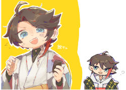 Rule 34 | 1boy, :d, ahoge, black jacket, blue eyes, brown hair, chibi, drawstring, hair between eyes, holding, hood, hood down, hoodie, jacket, japanese clothes, kiduta cielo, kimono, long sleeves, male focus, multicolored hair, multiple views, nijisanji, open clothes, open jacket, open mouth, outline, parted bangs, red hair, saegusa akina, smile, streaked hair, translation request, two-tone background, v-shaped eyebrows, virtual youtuber, white background, white hoodie, white kimono, white outline, wide sleeves, yellow background